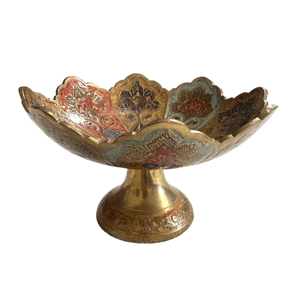 VTG Penco Brass Enamel Pedestal Bowl Hand Painted Hollywood Regency India Boho